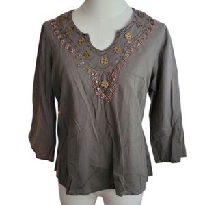 J.Gee Bohemian Ethnic Gray Beaded and Embroidered 100% Cotton Size XL